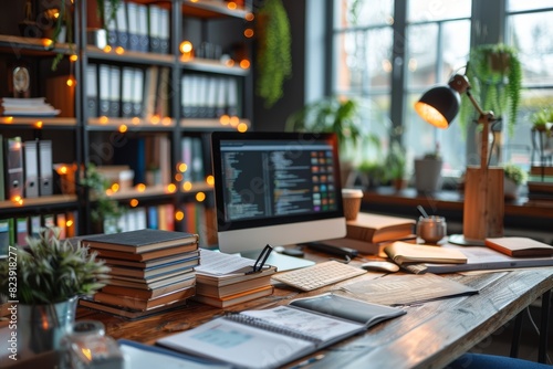 Wallpaper Mural A modern home office workspace featuring a computer screen with code, surrounded by books, notebooks, and indoor plants, against a backdrop of shelves and a window allowing natural light Torontodigital.ca