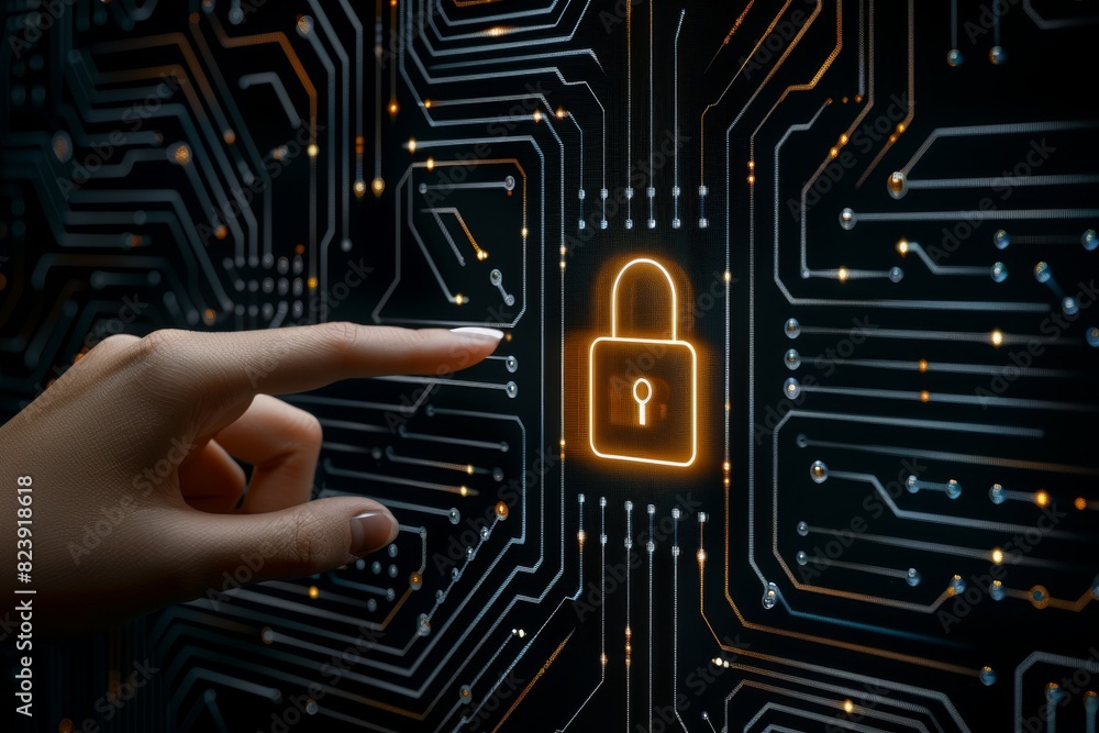 Hand on circuit board with lock icon for secure online data protection and IT security Hand on circuit board with lock icon for secure online data protection and IT security