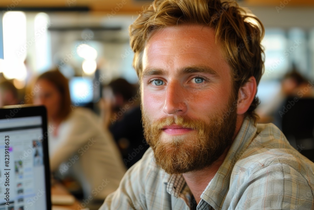 A young man with a beard and casual attire works on his laptop in a modern, open-plan office setting, with blurred colleagues in the background A young man with a beard and casual attire works on his laptop in a modern, open-plan office setting, with blurred colleagues in the background