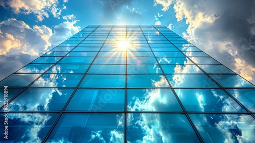 A striking modern skyscraper with a reflective glass facade captures the bright sunlight and clouds creating a stunning urban skyline