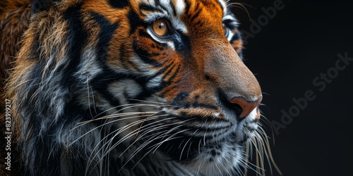 Close-up portrait of a majestic tiger with detailed features showcasing its striking orange and black striped fur and piercing eyes against a dark background