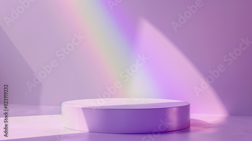 Empty stage, cylinder podium on soft lilac background with rainbow crystal light refraction sparkles on minimal background, Pedestal for cosmetic product and packaging mock ups display presentation