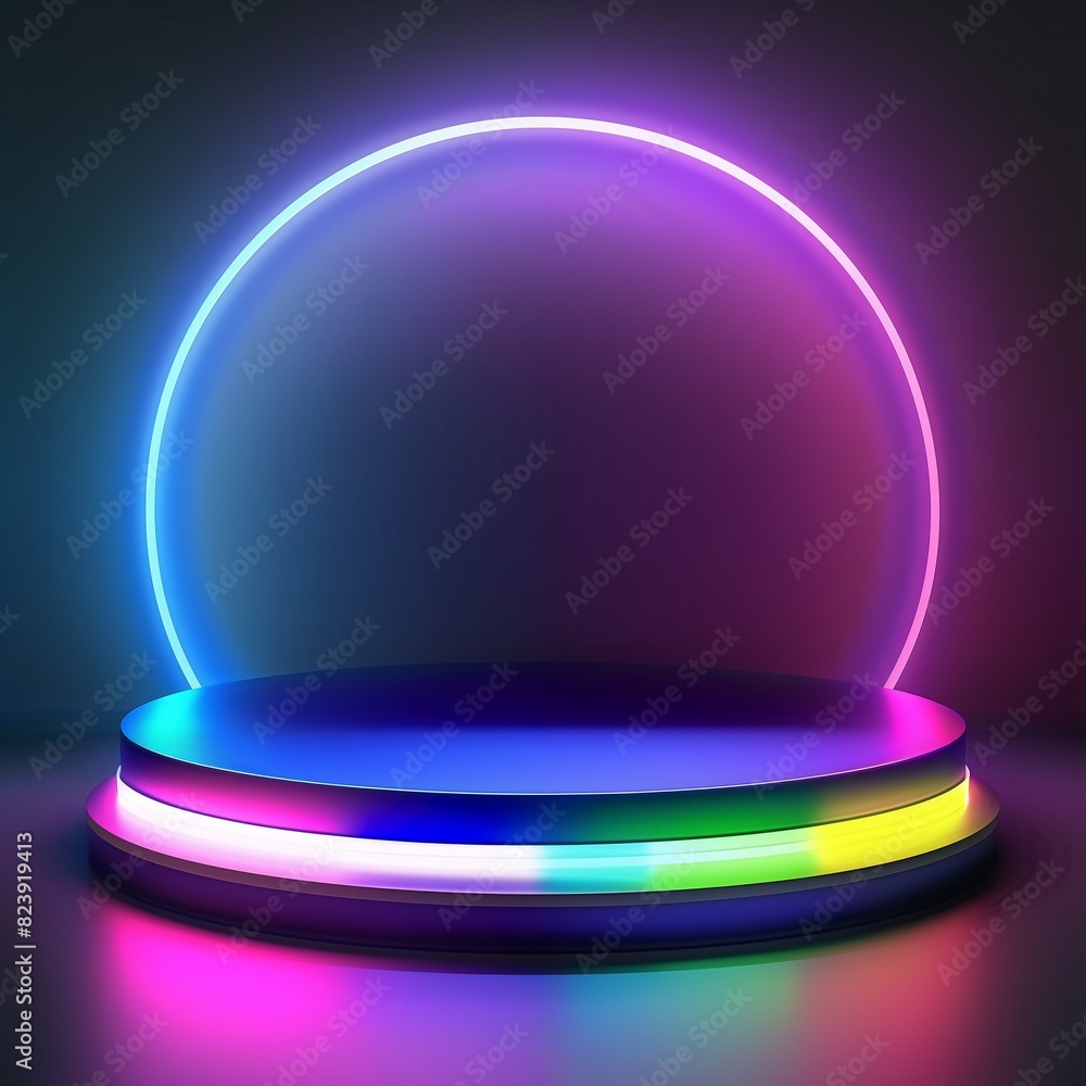 3d Glowing rainbow neon light product display podium on dark background, tech style rainbow colorful pedestal showcase, for technology product, fantasy platform stage, nightclub sign frame, futuristic 3d Glowing rainbow neon light product display podium on dark background, tech style rainbow colorful pedestal showcase, for technology product, fantasy platform stage, nightclub sign frame, futuristic