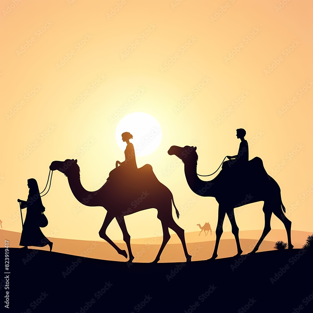 Silhouette of Camels and Riders at Sunset Silhouette of Camels and Riders at Sunset