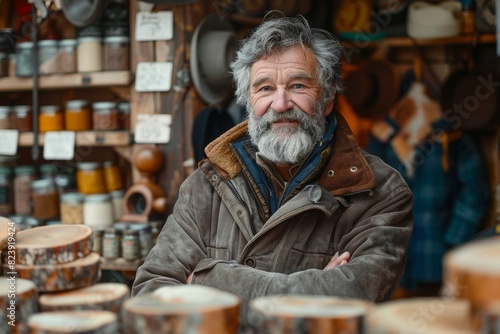 Elderly Bearded Man in Cozy Vintage Jacket Standing in Front of a Rustic Wooden Stall Full of Handcrafted Goods and Natural Jars at a Local Market