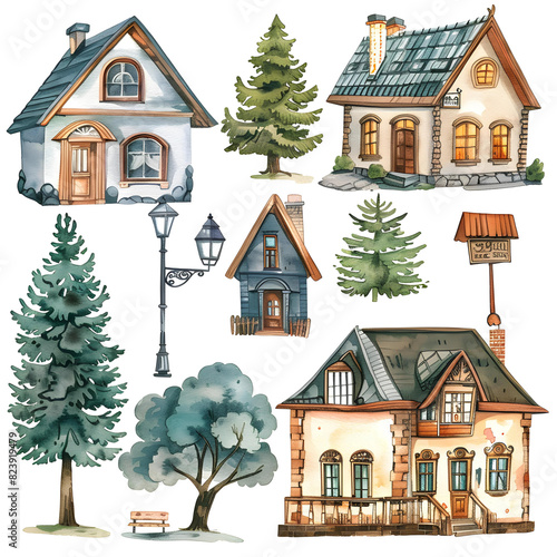 Set of Watercolor Traditional Country Houses: Hand-Painted Collection of Charming Rural Homes, Ideal for Art Prints, Home Decor, and Greeting Cards.