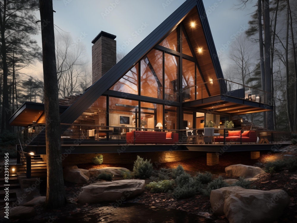 Family enjoys cozy evening in forest cabin during autumn