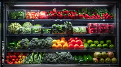 The refrigerated section of a supermarket stocked with fruits and vegetables photo