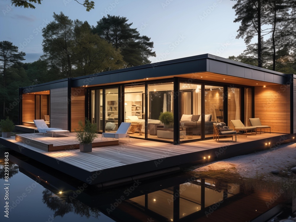 Fototapeta premium Family Relaxes in Lakeside Home at Dusk