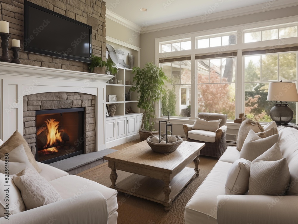 Family Room with Lit Fireplace on a Sunny Afternoon Family Room with Lit Fireplace on a Sunny Afternoon