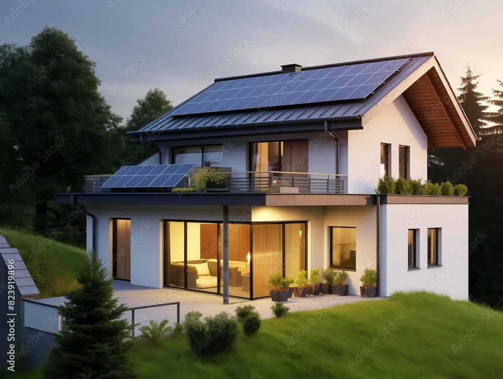Family's Modern Home with Solar Panels on a Summer Evening Family's Modern Home with Solar Panels on a Summer Evening