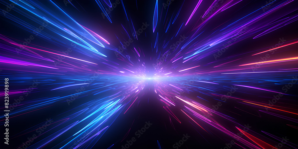 3d Render, Blue purple light line through dark background, hyper speed warp in space.
3d Render, Blue purple light line through dark background, hyper speed warp in space.