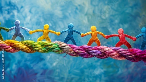 Team rope diverse colored rope tie to sturdy node together, Team Joining, Unity And Teamwork Concept.