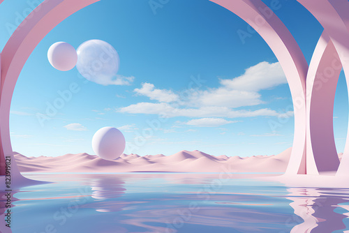 3d Render  Abstract Surreal pastel landscape background with arches and podium for showing product  panoramic view  Colorful dune scene with copy space  blue sky and cloudy  Minimalist decor design 