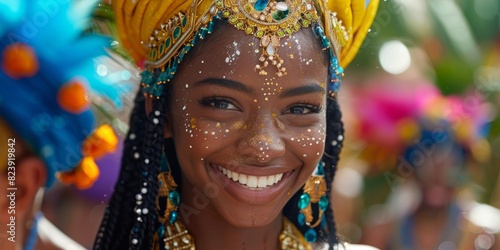 A vibrant celebration featuring a woman adorned in colorful traditional attire, with intricate jewelry, smiling amidst a lively carnival atmosphere