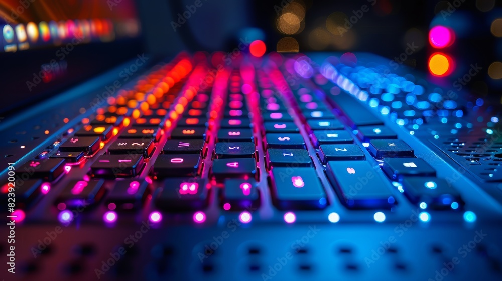 A close-up image showcasing a vibrant and colorful backlit keyboard in a dark room, highlighting the keys' various hues and the sleek, modern design A close-up image showcasing a vibrant and colorful backlit keyboard in a dark room, highlighting the keys' various hues and the sleek, modern design