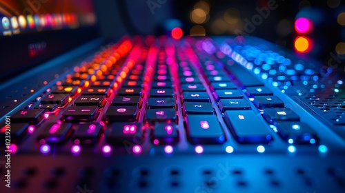 A close-up image showcasing a vibrant and colorful backlit keyboard in a dark room, highlighting the keys' various hues and the sleek, modern design