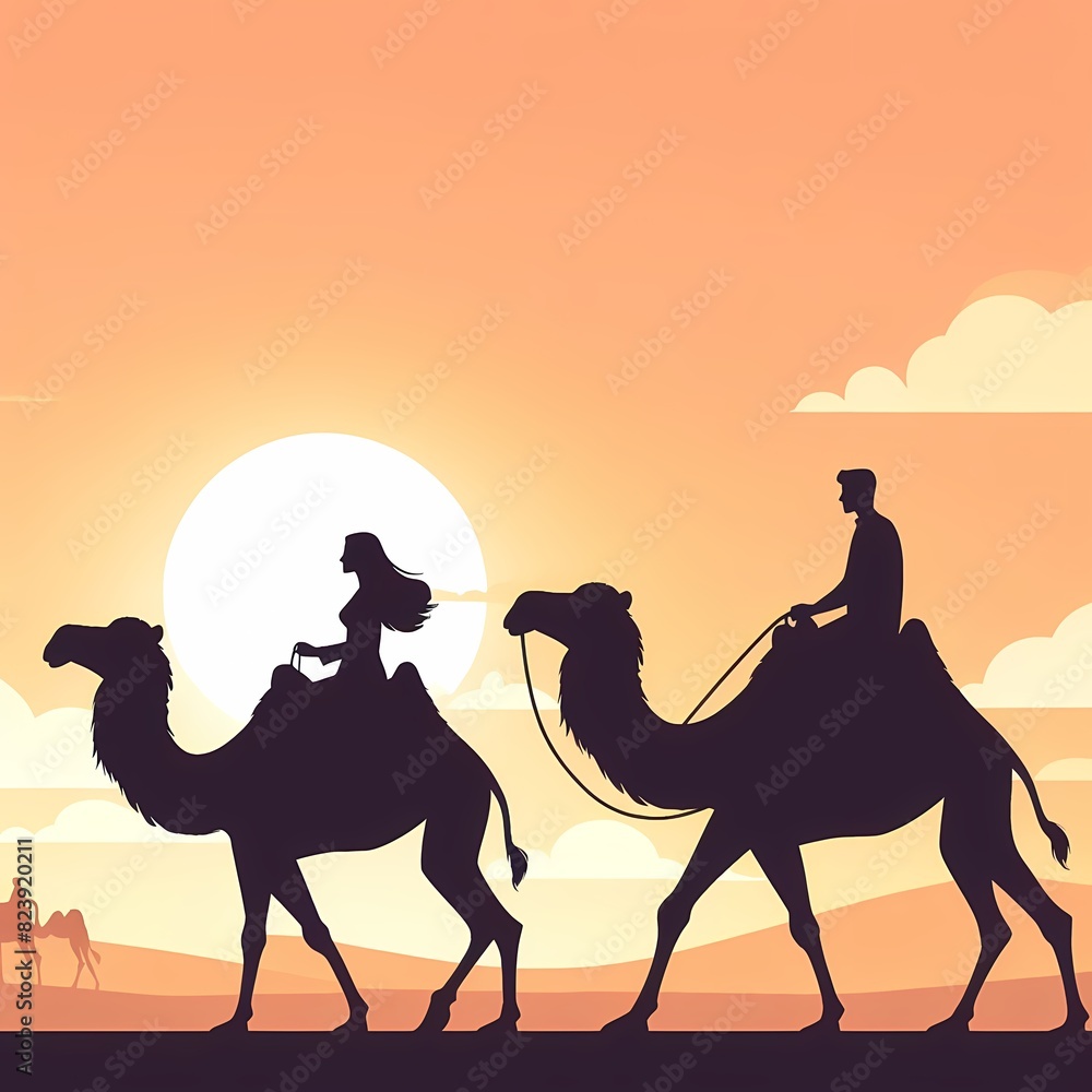 Silhouette of Camels and Riders at Sunset Silhouette of Camels and Riders at Sunset