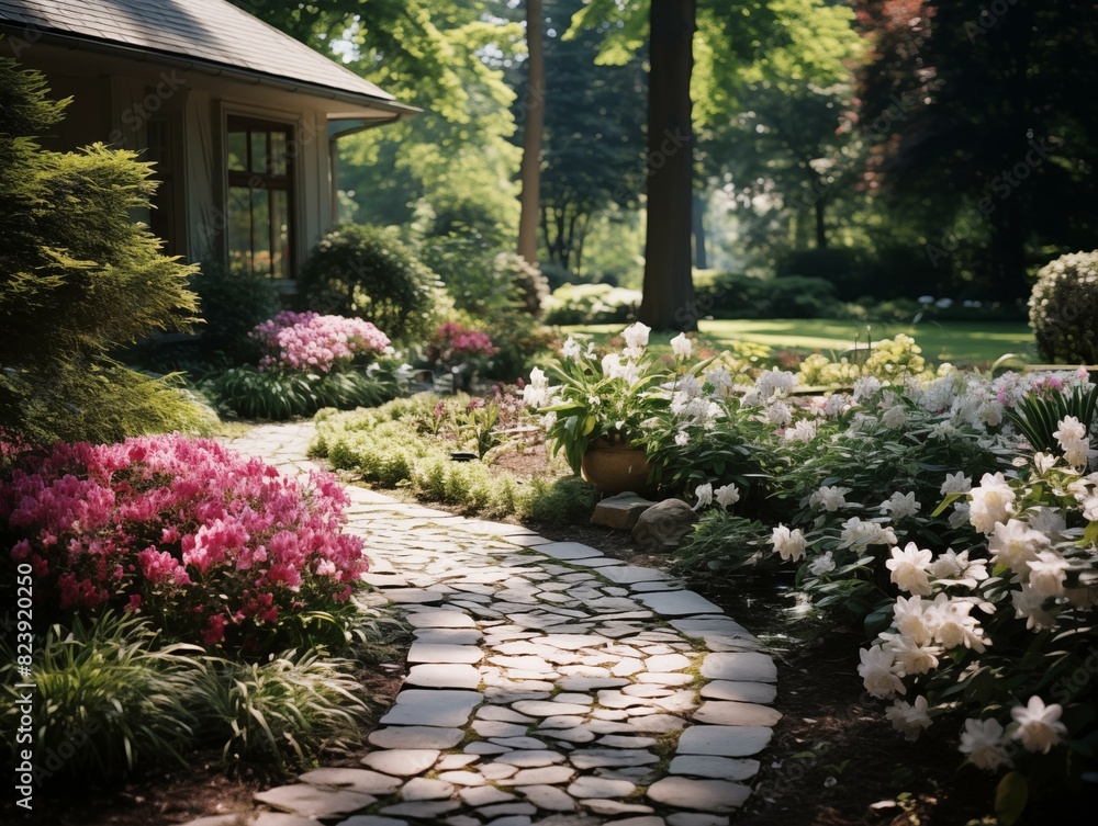 Gardener's Spring Bloom in Suburban Backyard at Morning Gardener's Spring Bloom in Suburban Backyard at Morning