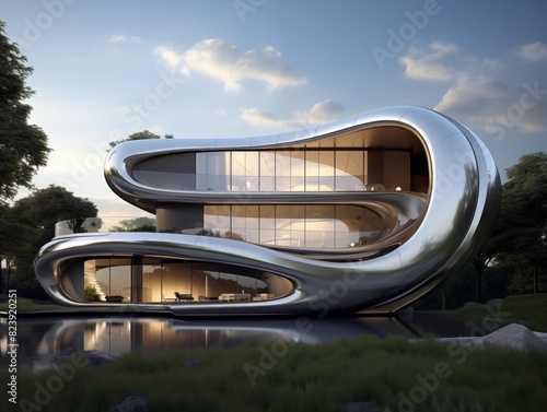 Futuristic Building at Dusk in a Serene Park Setting