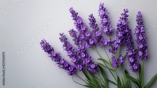 The top side of the flower stems are close-up macro shots of lavender leaves  on an isolated white background.