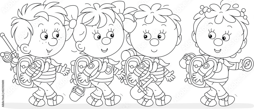 Cheerful little girls and boys backpackers with tourist rucksacks, friendly smiling, talking and hiking on a fun summer vacation, black and white vector cartoon illustration for a coloring book