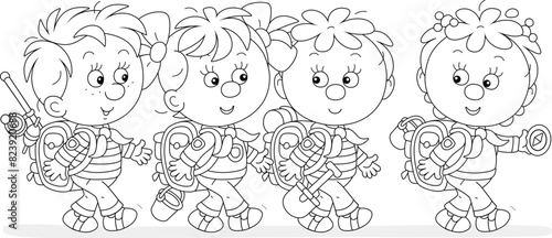 Cheerful little girls and boys backpackers with tourist rucksacks, friendly smiling, talking and hiking on a fun summer vacation, black and white vector cartoon illustration for a coloring book photo
