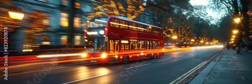 A vibrant evening street scene in a bustling city with a characteristic red double-decker bus surrounded by glowing lights and dynamic traffic