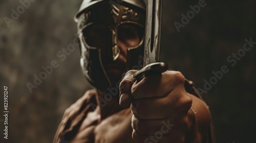 Illustration of brave spartan warrior in armor with shield, pointing sword to the camera, antique Greek military, muscular ancient soldier, concept of brave, loyal warrior, games, adventure,history. photo