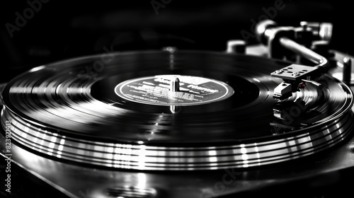 A detailed close-up of a vintage vinyl record player spinning a vinyl record, capturing the essence of classic music playback technology in striking black and white photography