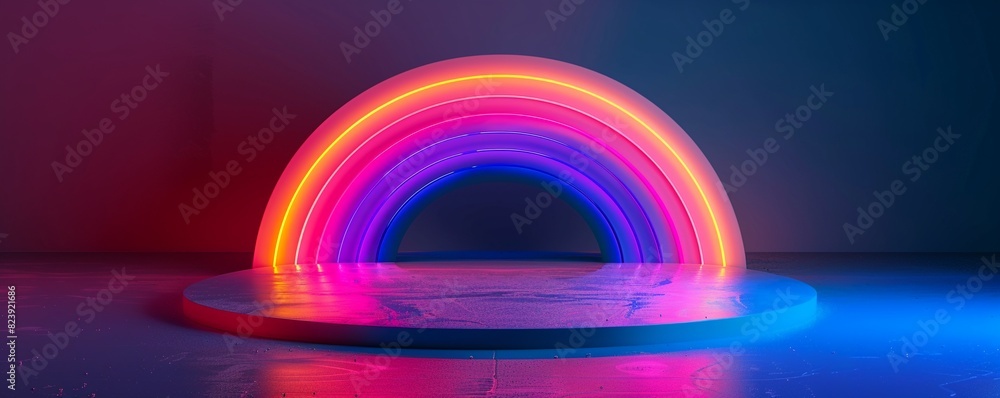 3d Glowing rainbow neon light product display podium on dark background, tech style rainbow colorful pedestal showcase, for technology product, fantasy platform stage, nightclub sign frame, futuristic 3d Glowing rainbow neon light product display podium on dark background, tech style rainbow colorful pedestal showcase, for technology product, fantasy platform stage, nightclub sign frame, futuristic