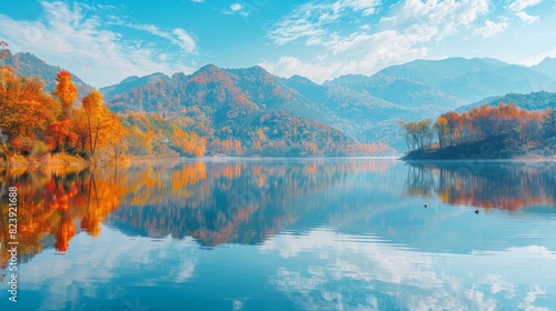 Nature's Palette: Autumn Foliage on Tranquil Lake Surface