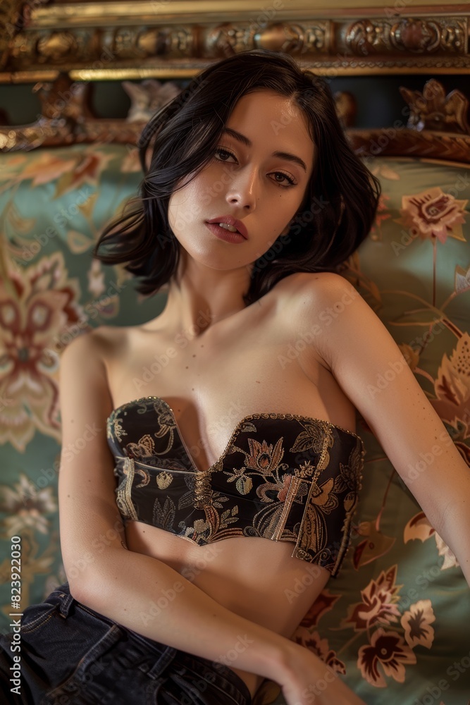 Elegant woman in a black embroidered bustier top reclining on a richly patterned blue sofa, exchanging a thoughtful, intimate gaze with the viewer