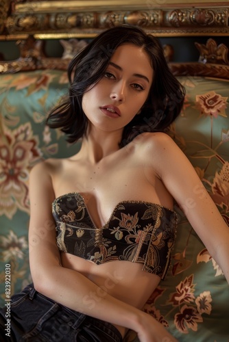 Elegant woman in a black embroidered bustier top reclining on a richly patterned blue sofa, exchanging a thoughtful, intimate gaze with the viewer