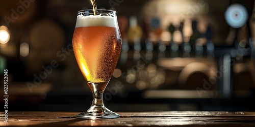 Glass of cold beer being poured in a pub background. Concept Beer pouring, Refreshing drink, Pub atmosphere photo