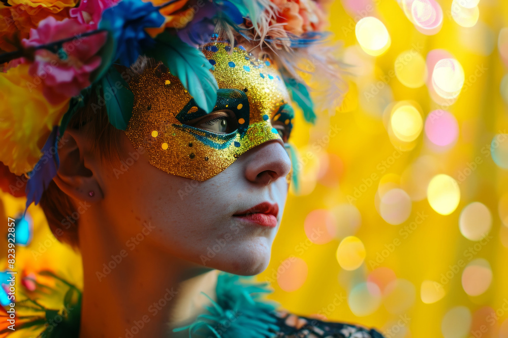 Fototapeta premium Non-Binary Person in Mardi Gras Mask with Colorful Lights with Bokeh