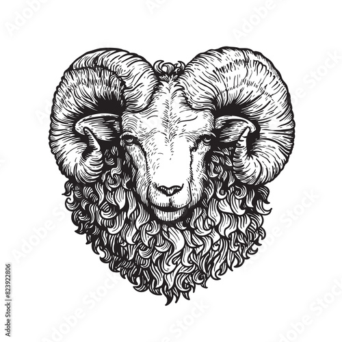 Hand drawn ram sheep portrait. Sketch style farm domestic animal. Best for logo designs. Vector illustrations isolated on white.