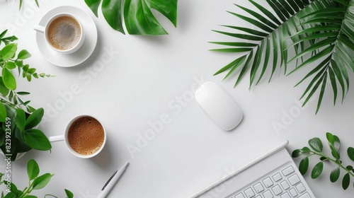 Organized Desk Setup With Keyboard, Coffee Cup, and Plant