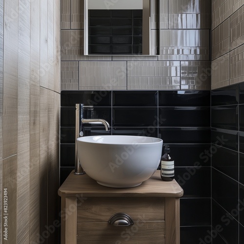 A chic bathroom with walls clad in matte black subway tiles  offset by a contrasting grout color for a sophisticated  graphic appeal.