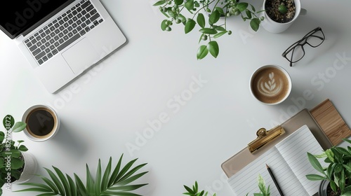 Organized Desk Setup With Keyboard, Coffee Cup, and Plant