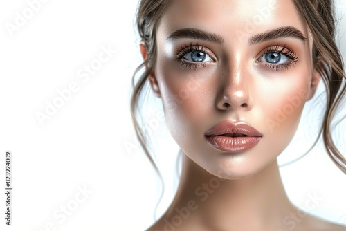 Portrait of a Radiant Young Woman with Flawless Smooth Skin, Isolated on a White Background, Embodying Natural Beauty and Facebuilding Concepts
