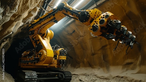 A large, yellow robotic arm equipped with multiple tools works within a cavernous environment, surrounded by rock walls. photo