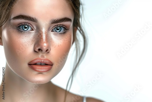 Portrait of a Radiant Young Woman with Flawless Smooth Skin, Isolated on a White Background, Embodying Natural Beauty and Facebuilding Concepts