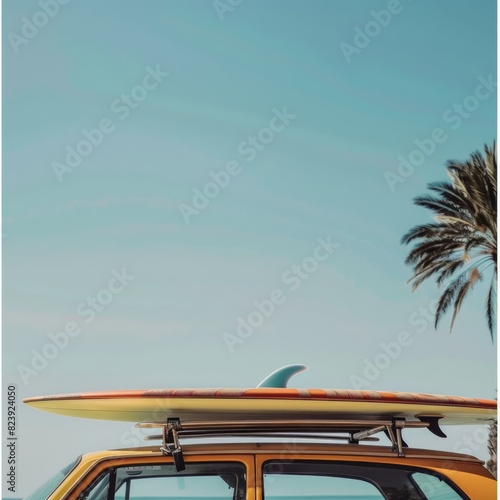 A yellow car with a surfboard on top of it