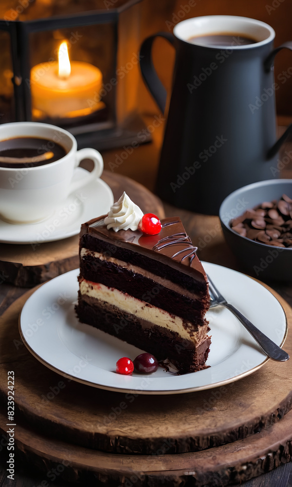 A chocolate cake and coffee A chocolate cake and coffee