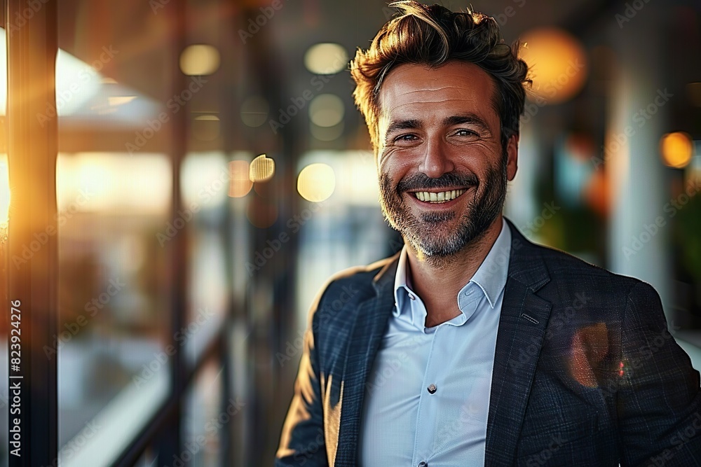 Joyful Businessman in Elegant Suit Standing Confidently in a Modern Office Space Joyful Businessman in Elegant Suit Standing Confidently in a Modern Office Space