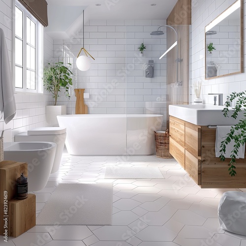 A clean  Scandinavian-inspired bathroom with white hexagon tiles on the floor and natural wood accents  promoting a light  airy  and functional background.