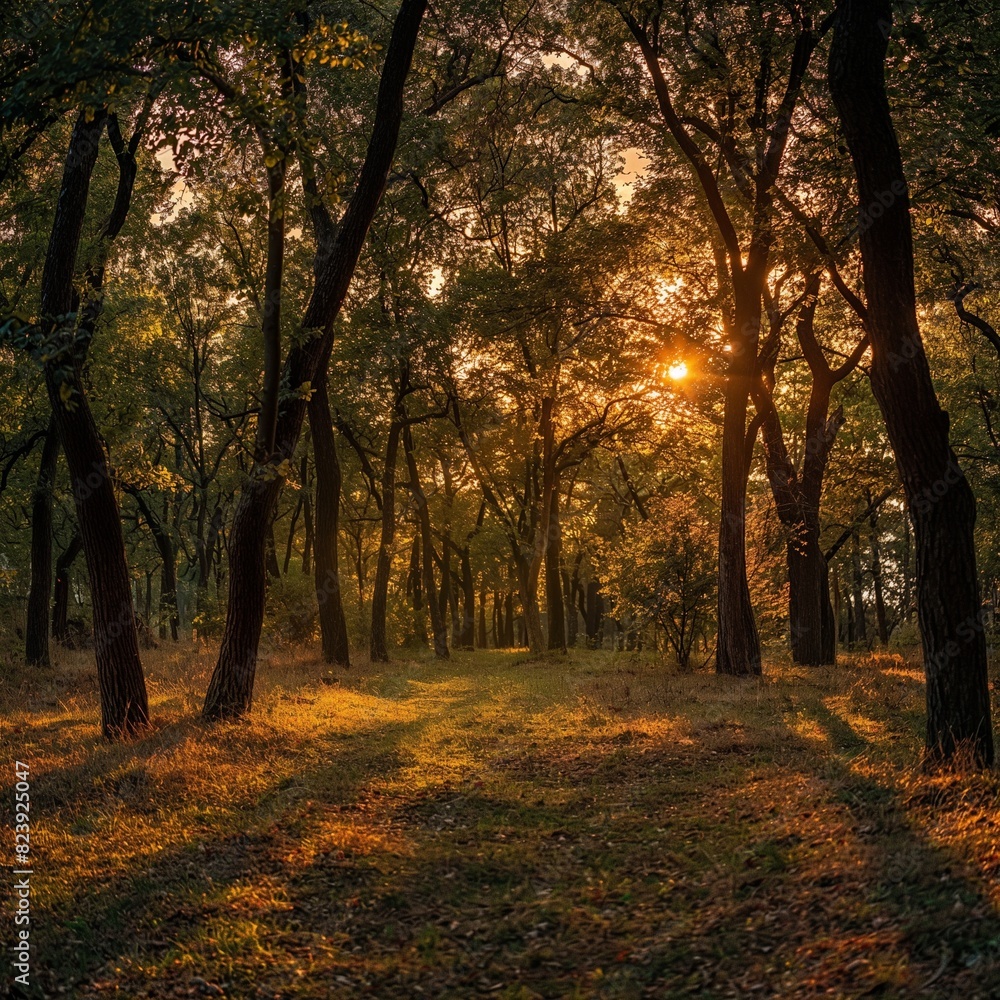 A clearing in the forest bathed in the golden light of sunset, the trees casting long shadows and the air filled with the serene stillness of the evening.