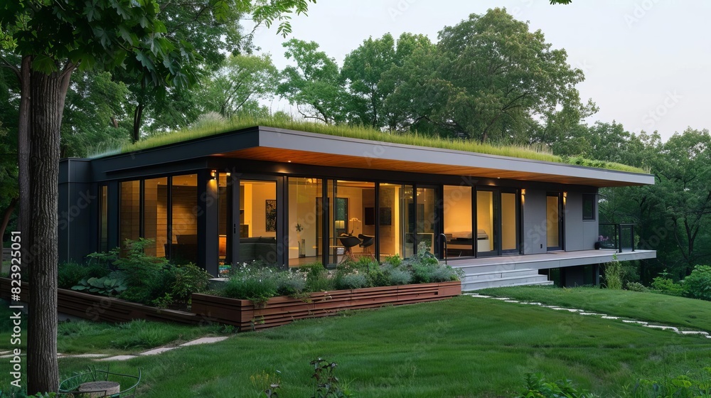 A netzero energy home with a green roof, native landscaping, and a sleek, minimalist design A netzero energy home with a green roof, native landscaping, and a sleek, minimalist design