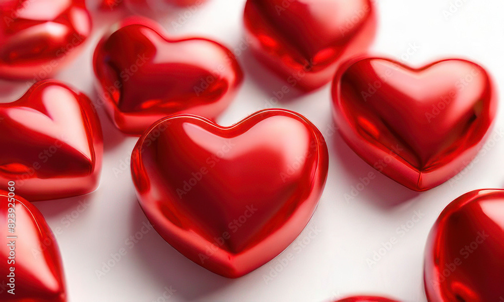 White background with many red and white hearts all around it with empty space in the center